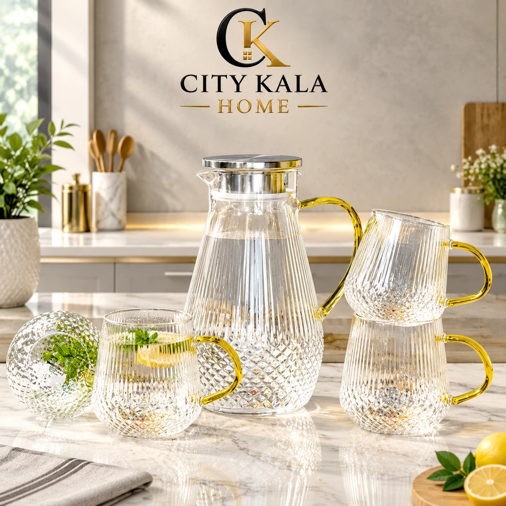 سرویس ۵ پارچه پارچ و لیوان وارداتی پیرکس طرح شیاردار