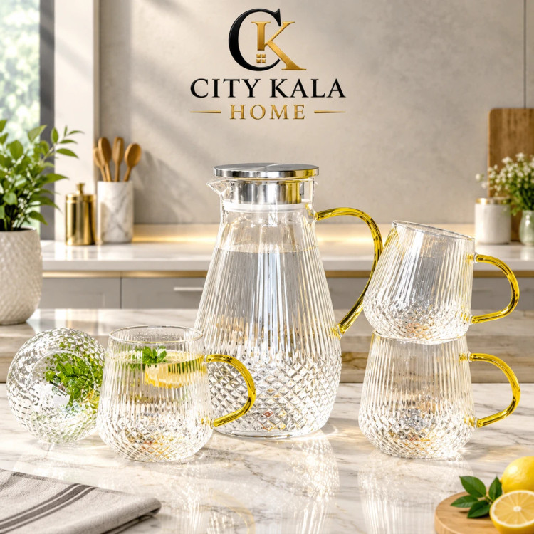 سرویس ۵ پارچه پارچ و لیوان وارداتی پیرکس طرح شیاردار